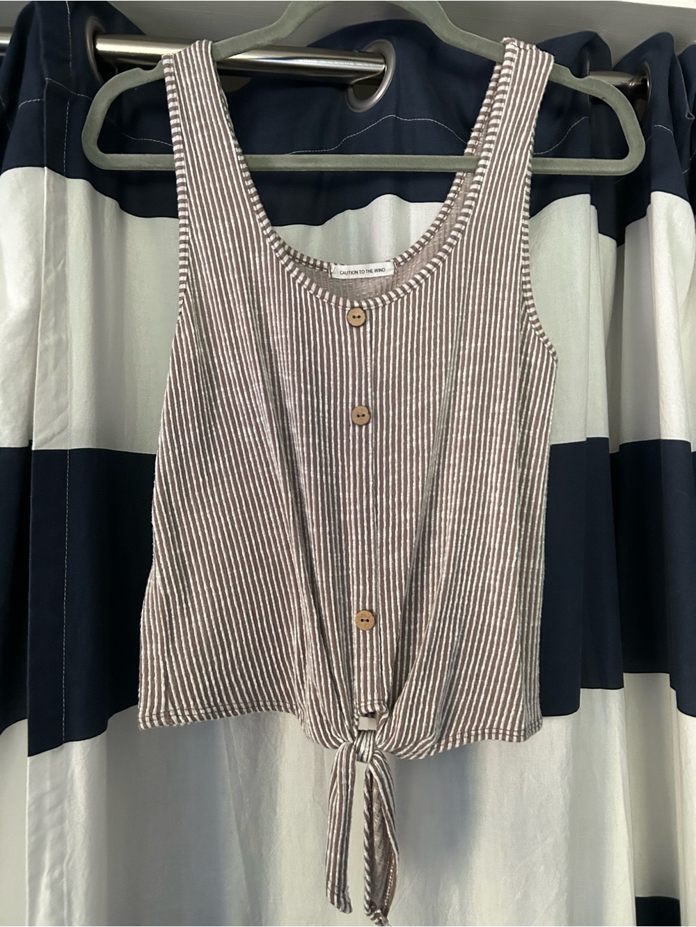 Caution To The Wind Taupe and White Striped Tie-Front Tank